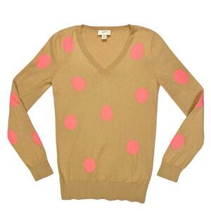 LOFT Sweater Womens Sz Xs Tan Pink Polka Dot V Neck Classic Preppy Modest Casual